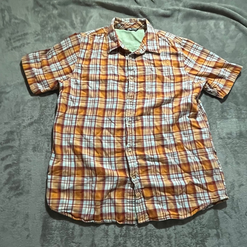 The North Face Button Up Shirt Mens Large Orange Plaid Short Sleeve CXD3